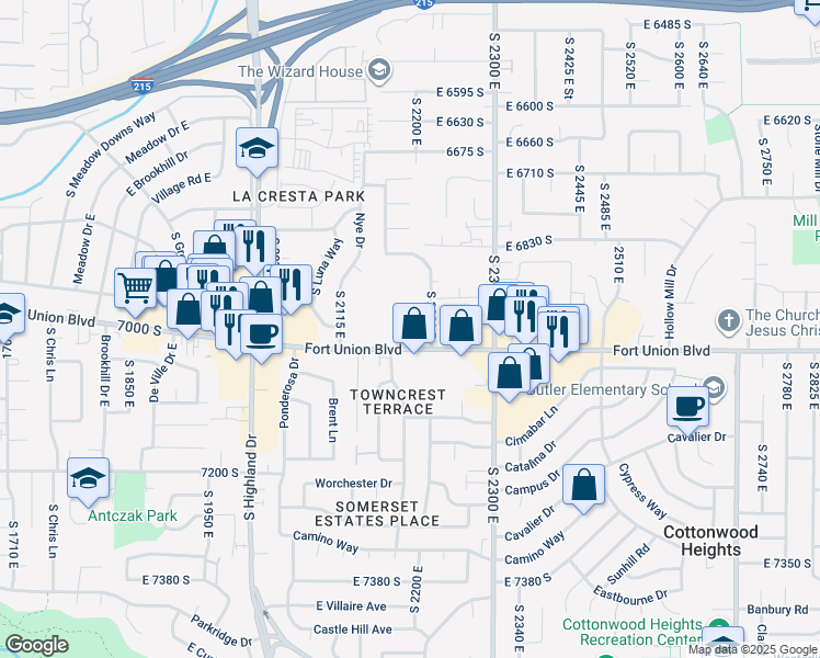 map of restaurants, bars, coffee shops, grocery stores, and more near 2197 Fort Union Boulevard in Cottonwood Heights