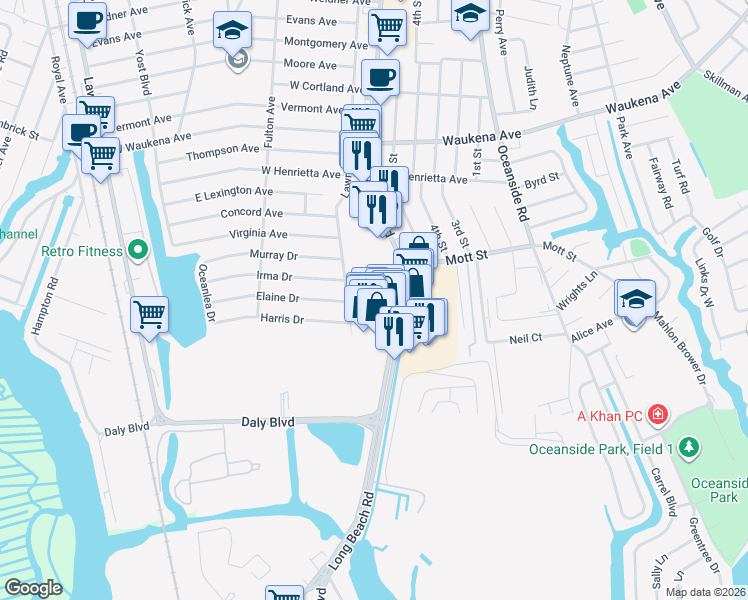 map of restaurants, bars, coffee shops, grocery stores, and more near 64 Long Beach Road in Oceanside