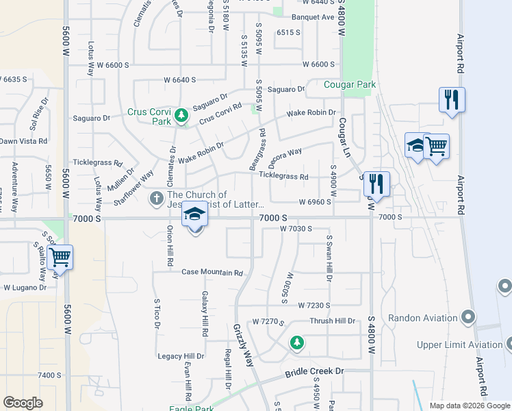 map of restaurants, bars, coffee shops, grocery stores, and more near 6967 Beargrass Road in West Jordan