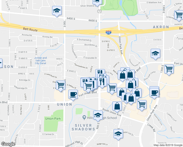 map of restaurants, bars, coffee shops, grocery stores, and more near 6962 South 880 East in Midvale
