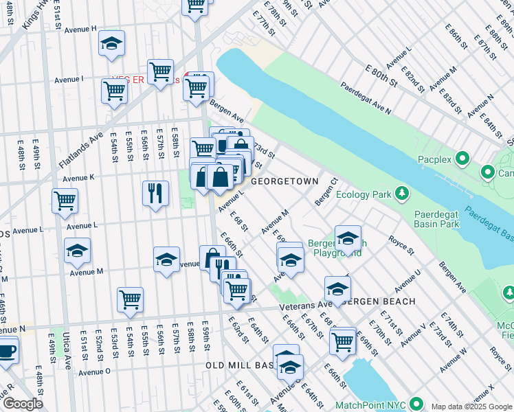 map of restaurants, bars, coffee shops, grocery stores, and more near 1234 East 69th Street in Brooklyn
