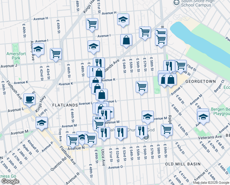 map of restaurants, bars, coffee shops, grocery stores, and more near 1397 East 53rd Street in Brooklyn