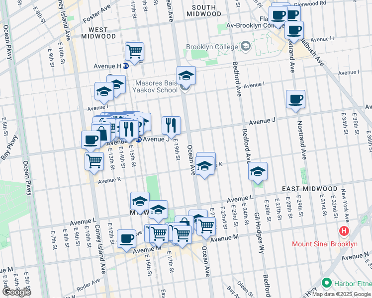 map of restaurants, bars, coffee shops, grocery stores, and more near 1535 Ocean Avenue in Brooklyn