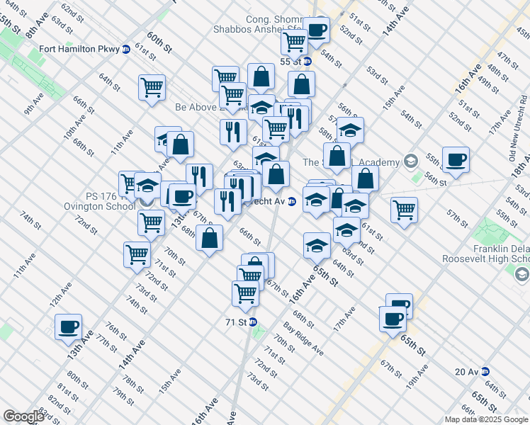 map of restaurants, bars, coffee shops, grocery stores, and more near 1436 64th Street in Brooklyn