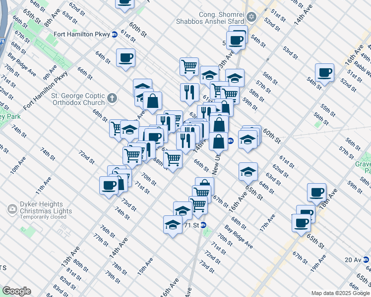 map of restaurants, bars, coffee shops, grocery stores, and more near 1350 66th Street in Brooklyn