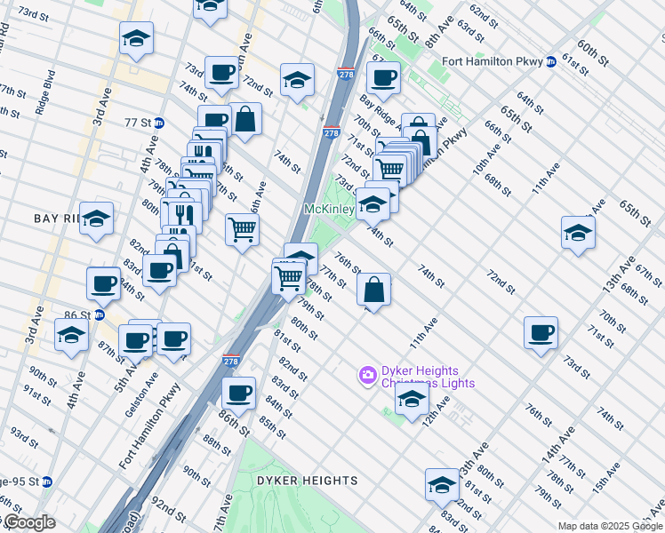 map of restaurants, bars, coffee shops, grocery stores, and more near 913 77th Street in Brooklyn