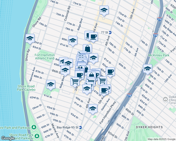 map of restaurants, bars, coffee shops, grocery stores, and more near 330 84th Street in Brooklyn