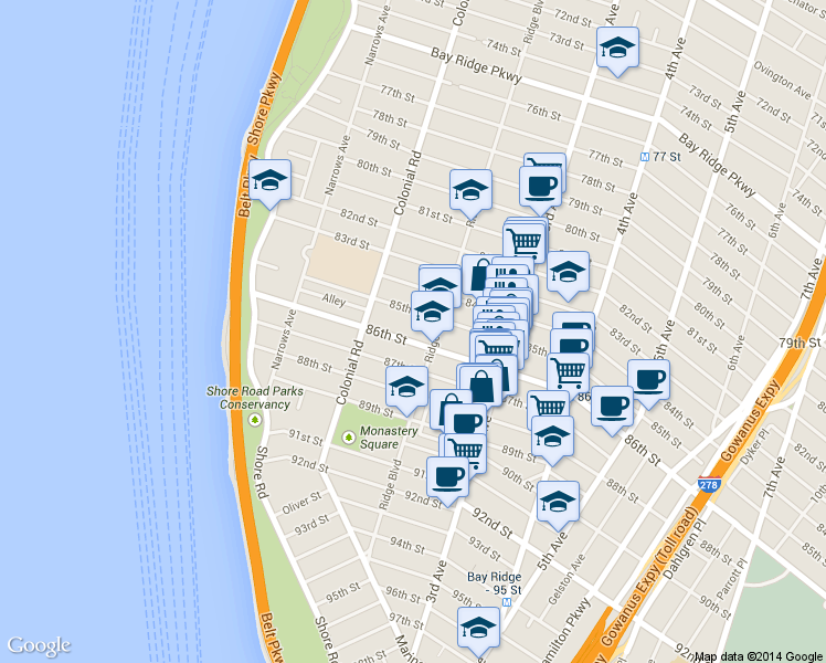 map of restaurants, bars, coffee shops, grocery stores, and more near 8524 Ridge Boulevard in Brooklyn