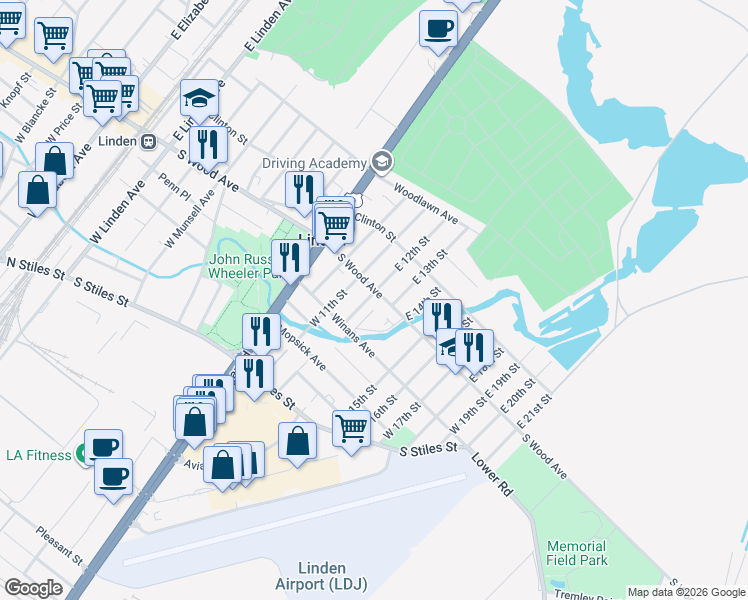 map of restaurants, bars, coffee shops, grocery stores, and more near 1206 South Wood Avenue in Linden