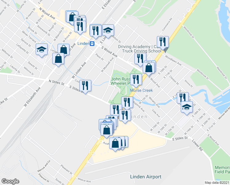 map of restaurants, bars, coffee shops, grocery stores, and more near 307 Kennedy Drive in Linden