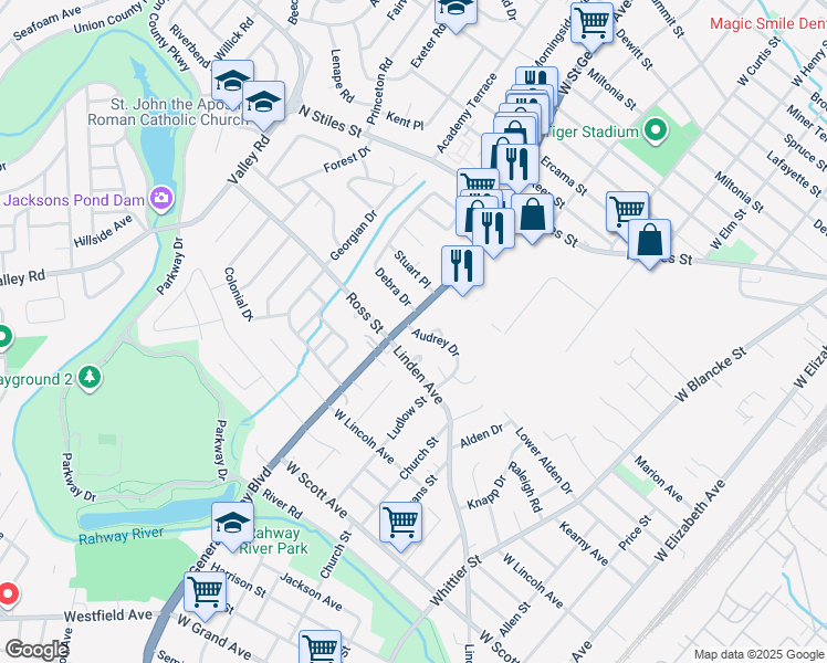 map of restaurants, bars, coffee shops, grocery stores, and more near 2423 Saint Georges Avenue in Rahway