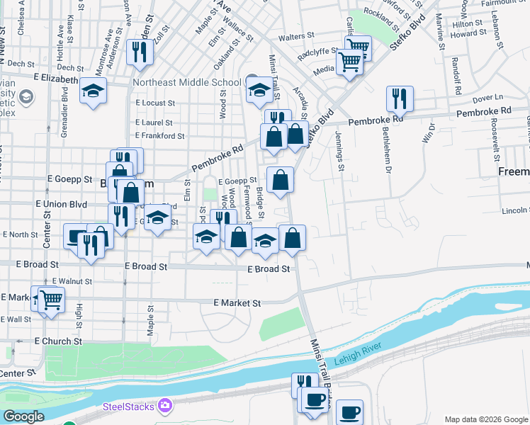 map of restaurants, bars, coffee shops, grocery stores, and more near 811 Stefko Boulevard in Bethlehem