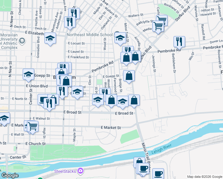 map of restaurants, bars, coffee shops, grocery stores, and more near 750 Fernwood Street in Bethlehem