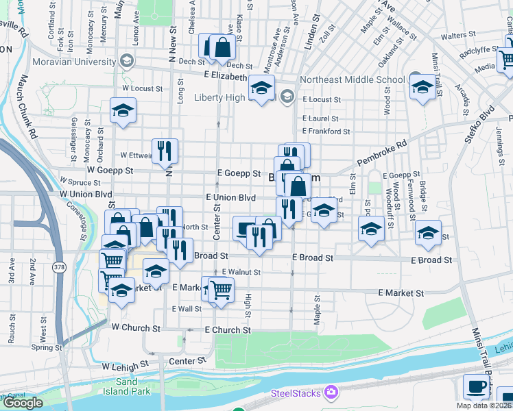 map of restaurants, bars, coffee shops, grocery stores, and more near 733 High Street in Bethlehem