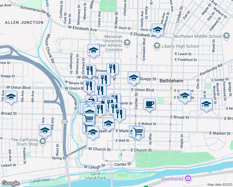 map of restaurants, bars, coffee shops, grocery stores, and more near 728 North New Street in Bethlehem