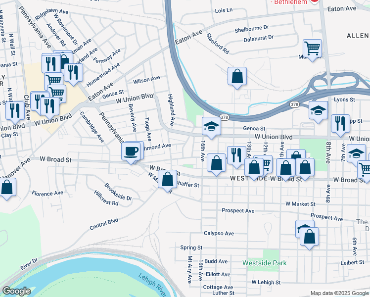 map of restaurants, bars, coffee shops, grocery stores, and more near 1764 West North Street in Bethlehem