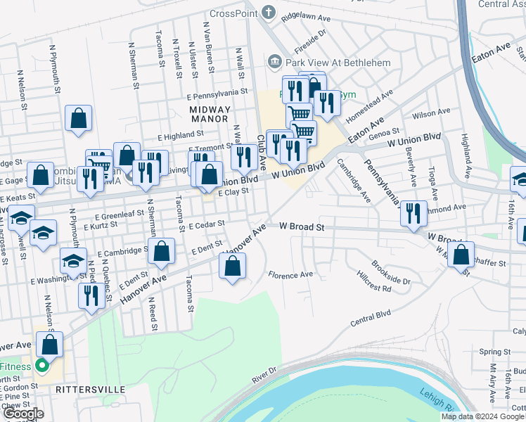 map of restaurants, bars, coffee shops, grocery stores, and more near 851 North Wahneta Street in Allentown