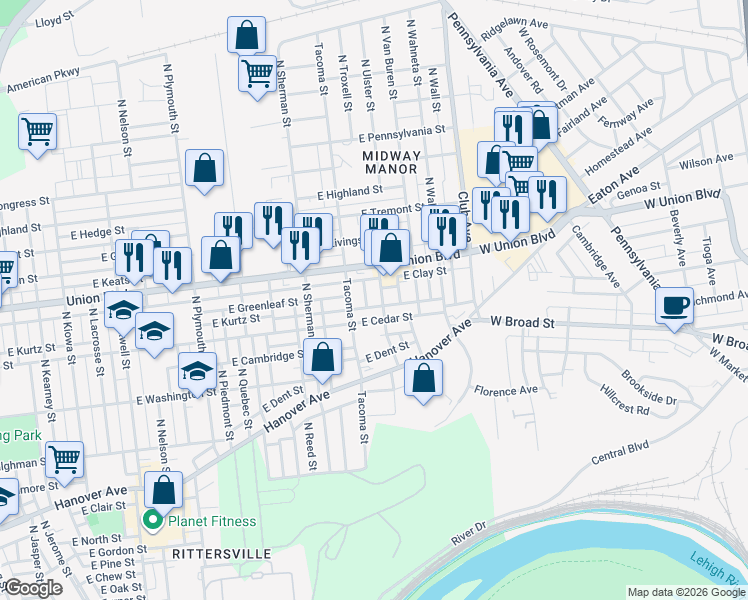 map of restaurants, bars, coffee shops, grocery stores, and more near 855 North Ulster Street in Allentown