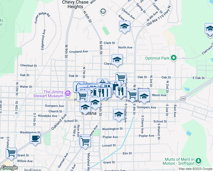 map of restaurants, bars, coffee shops, grocery stores, and more near 103 North 6th Street in Indiana