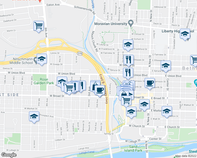 map of restaurants, bars, coffee shops, grocery stores, and more near 323 West Garrison Street in Bethlehem