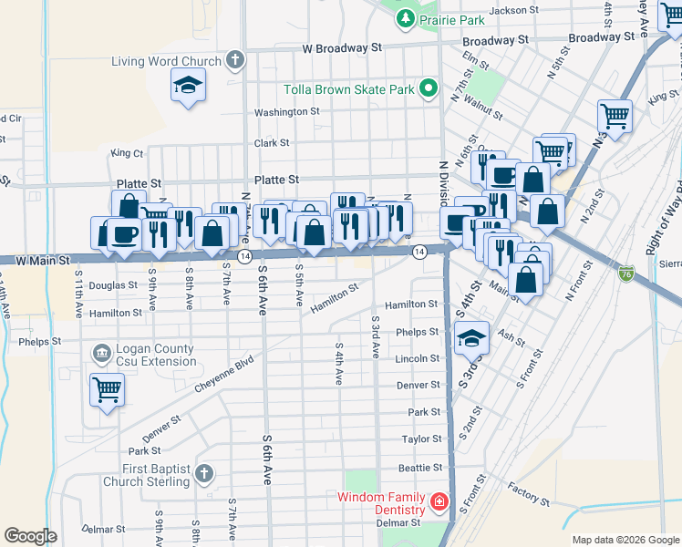 map of restaurants, bars, coffee shops, grocery stores, and more near 332 Douglas Street in Sterling