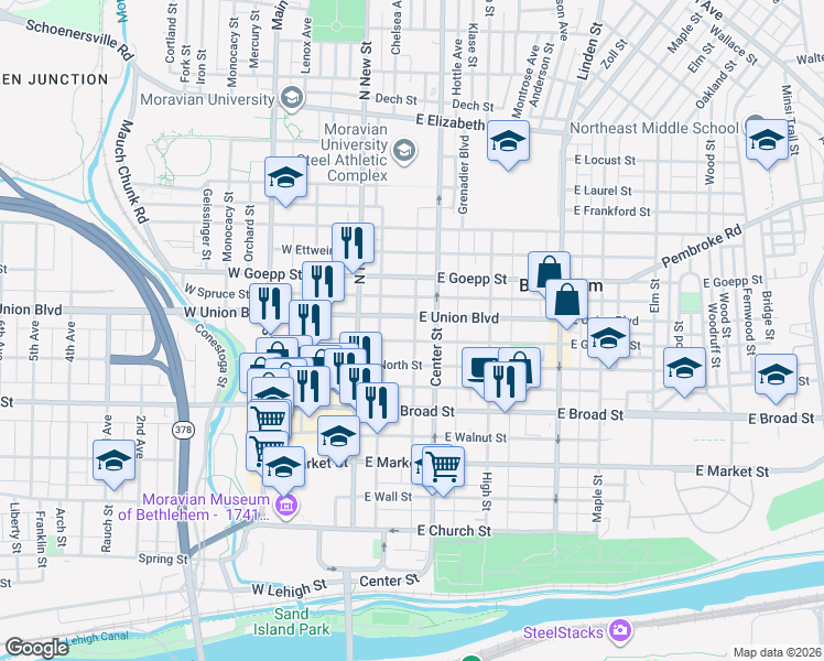 map of restaurants, bars, coffee shops, grocery stores, and more near 47 East Garrison Street in Bethlehem