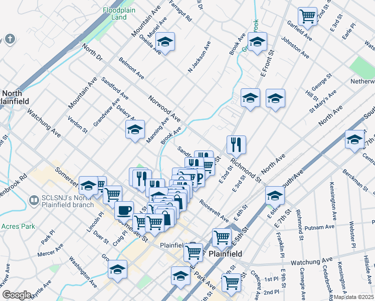map of restaurants, bars, coffee shops, grocery stores, and more near 50 Sandford Avenue in Plainfield