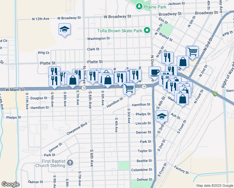 map of restaurants, bars, coffee shops, grocery stores, and more near 332 Douglas Street in Sterling