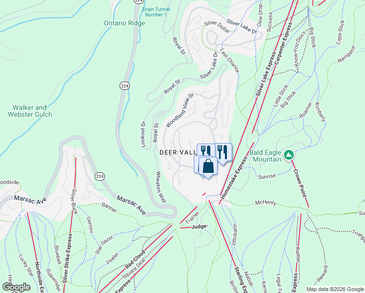 map of restaurants, bars, coffee shops, grocery stores, and more near 7480 Ridge Drive in Park City