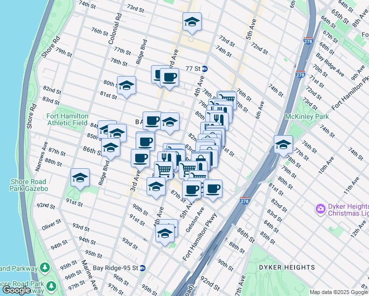 map of restaurants, bars, coffee shops, grocery stores, and more near 8307 4th Avenue in Brooklyn