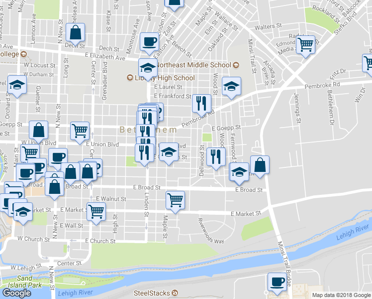 map of restaurants, bars, coffee shops, grocery stores, and more near 444 East Union Boulevard in Bethlehem