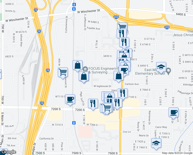 map of restaurants, bars, coffee shops, grocery stores, and more near 6975 Inglenook Drive in Midvale