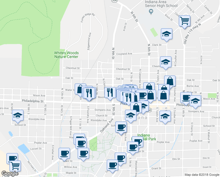 map of restaurants, bars, coffee shops, grocery stores, and more near 911 Water Street in Indiana