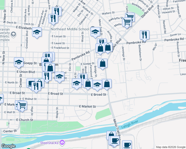 map of restaurants, bars, coffee shops, grocery stores, and more near 750 Fernwood Street in Bethlehem