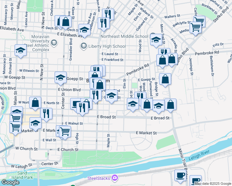 map of restaurants, bars, coffee shops, grocery stores, and more near 433 Flint Street in Bethlehem