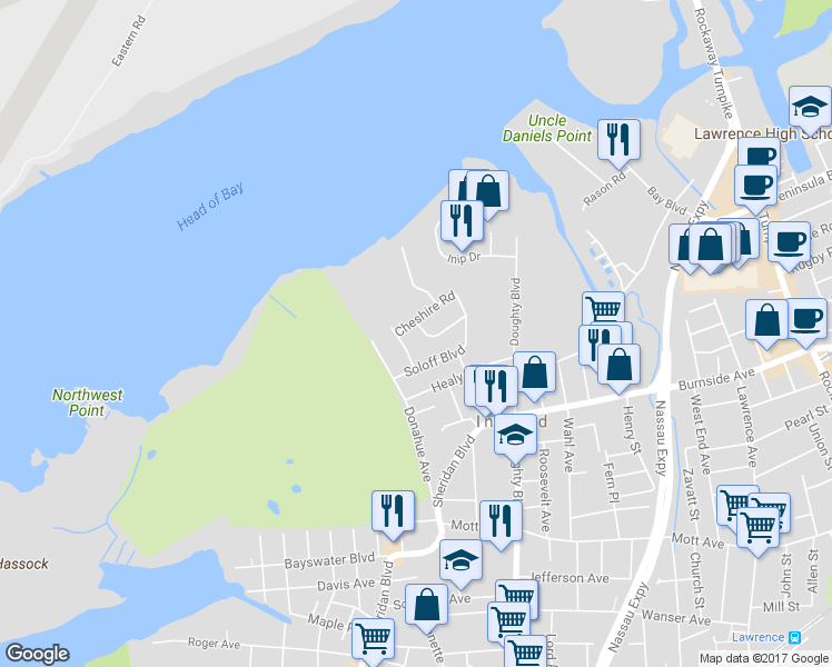 map of restaurants, bars, coffee shops, grocery stores, and more near 21 Brafmans Road in Inwood