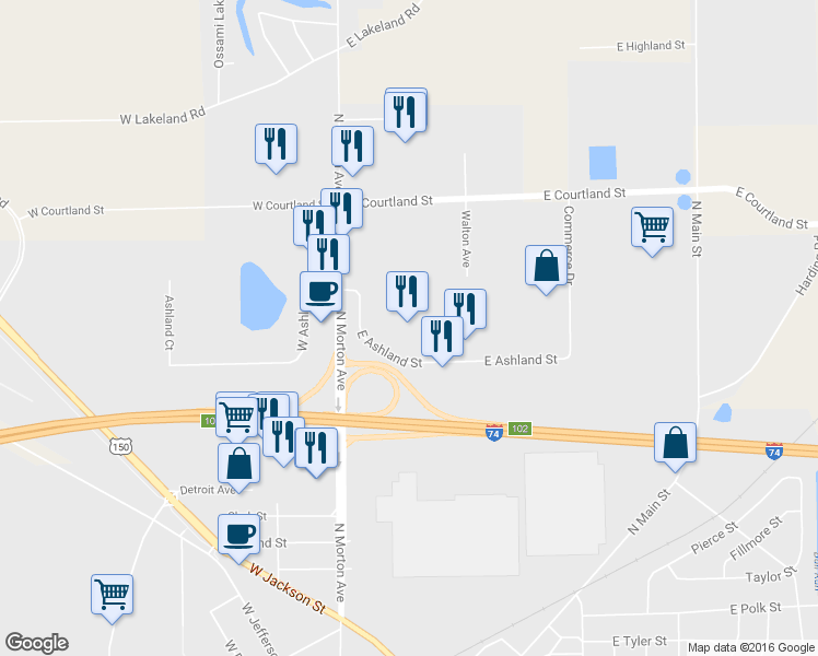 map of restaurants, bars, coffee shops, grocery stores, and more near 151 East Ashland Street in Morton