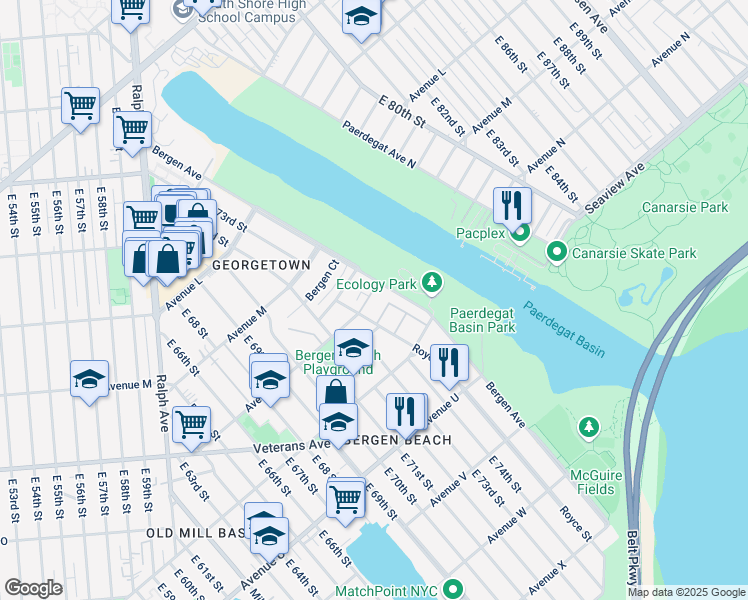 map of restaurants, bars, coffee shops, grocery stores, and more near 1457 Royce Street in Brooklyn