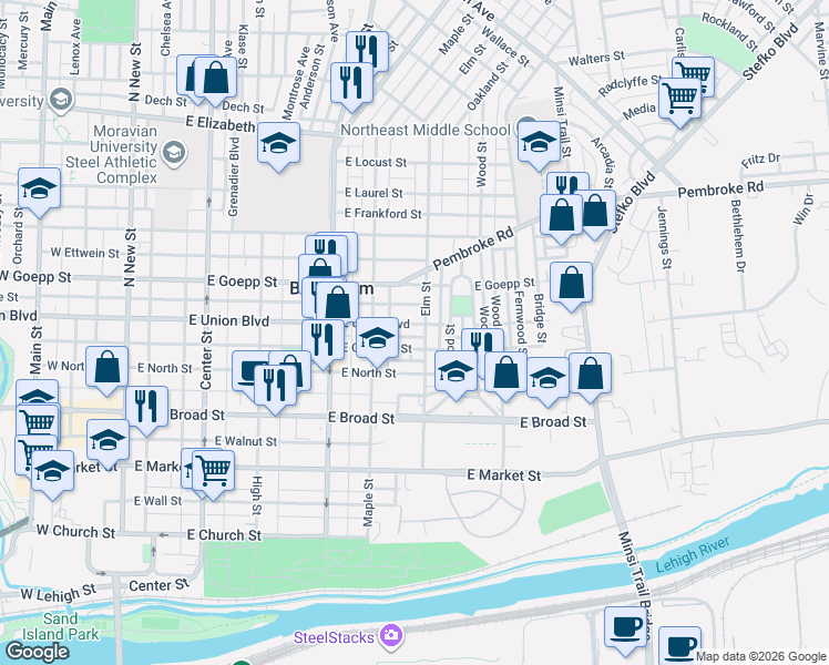map of restaurants, bars, coffee shops, grocery stores, and more near 433 Flint Street in Bethlehem