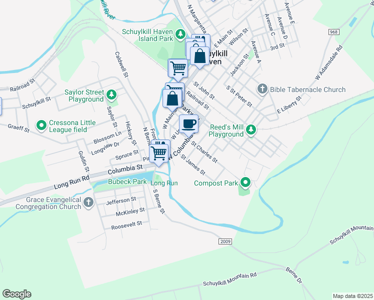 map of restaurants, bars, coffee shops, grocery stores, and more near 224 West Columbia Street in Schuylkill Haven