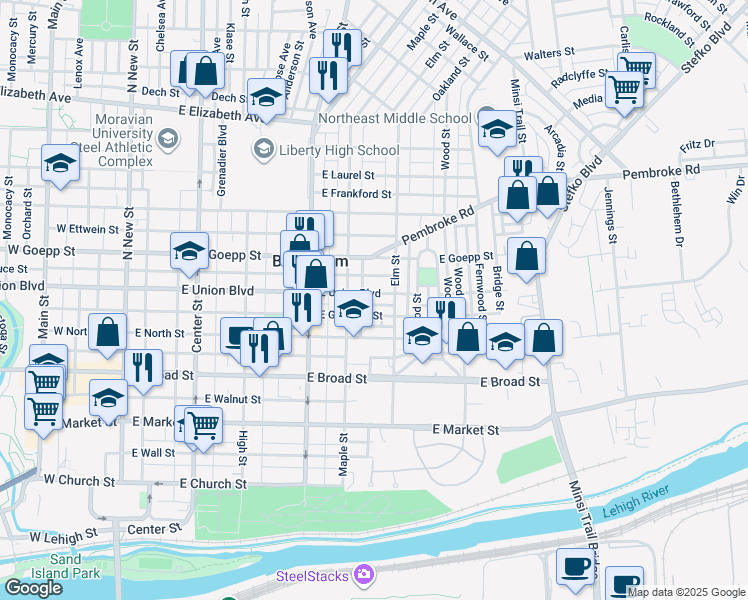 map of restaurants, bars, coffee shops, grocery stores, and more near 426 East Union Boulevard in Bethlehem