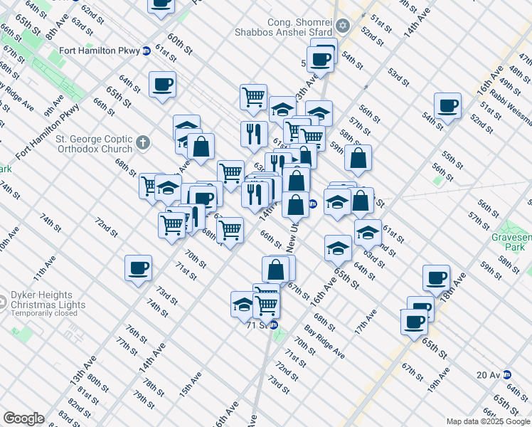 map of restaurants, bars, coffee shops, grocery stores, and more near 65th Street & 14th Avenue in Brooklyn