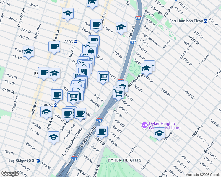 map of restaurants, bars, coffee shops, grocery stores, and more near 635 79th Street in Brooklyn