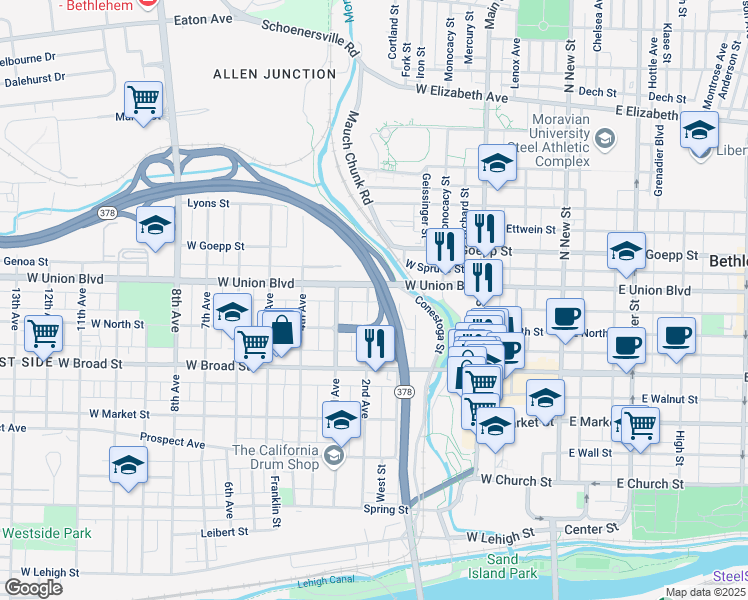 map of restaurants, bars, coffee shops, grocery stores, and more near 725 2nd Avenue in Bethlehem