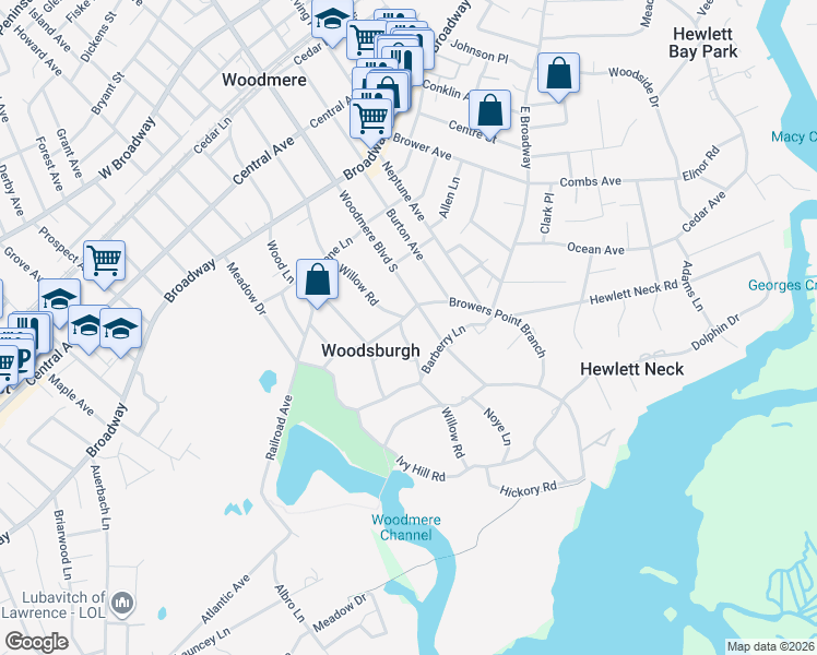 map of restaurants, bars, coffee shops, grocery stores, and more near 106 Willow Road in Woodmere