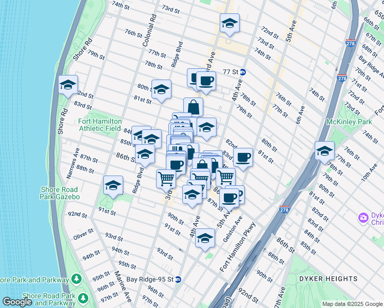 map of restaurants, bars, coffee shops, grocery stores, and more near 326 84th Street in Brooklyn