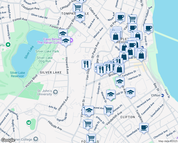 map of restaurants, bars, coffee shops, grocery stores, and more near 627 Van Duzer Street in Staten Island