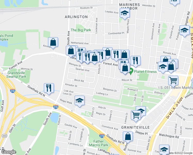 map of restaurants, bars, coffee shops, grocery stores, and more near 77 Amity Place in Staten Island