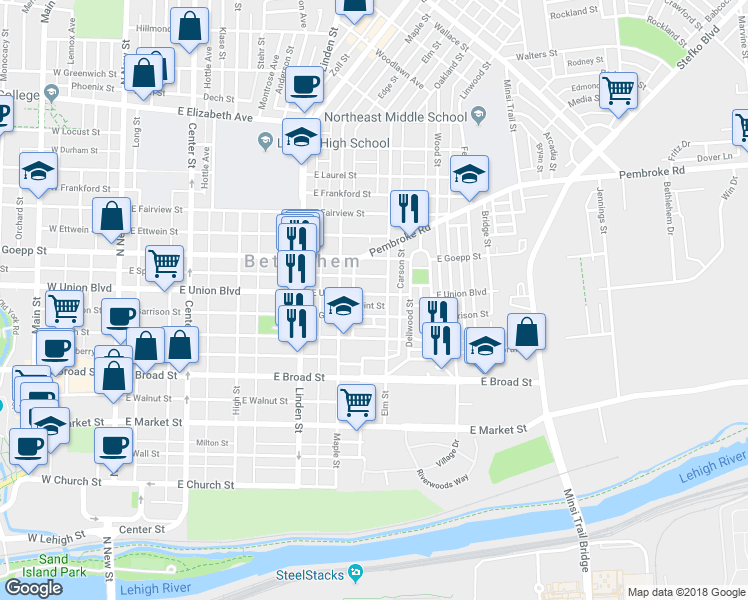 map of restaurants, bars, coffee shops, grocery stores, and more near 438 East Union Boulevard in Bethlehem