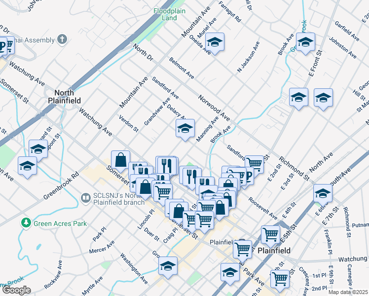 map of restaurants, bars, coffee shops, grocery stores, and more near 107 Westervelt Avenue in North Plainfield